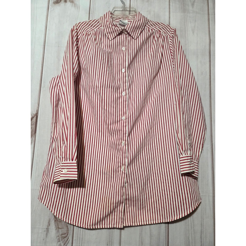 Roamans Women Red White Striped Button‎ Down Shirt Long Sleeve Size S